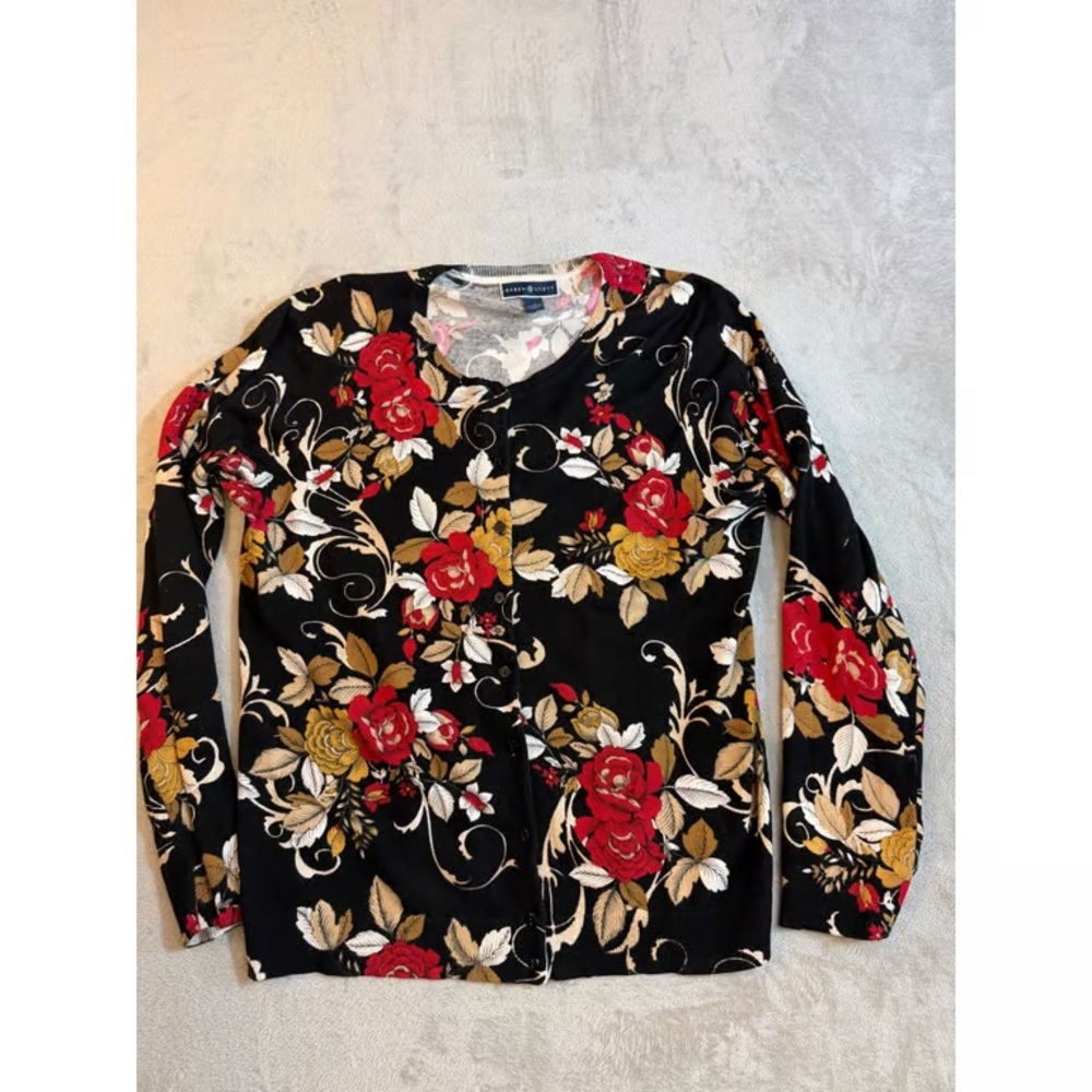 Scott Women's Black Cardigan with Red and Gold Floral